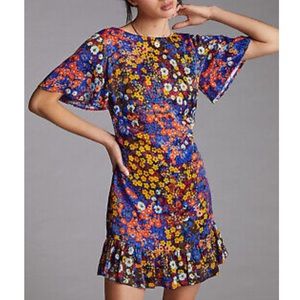 Anthropologie Ruffled Satin Floral Print Tie Back Mini Dress Size 10 NWT